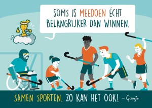 Een Guusje tekening met een hockeywedstrijd waar jongens en meiden met en zonder beperking in meespelen.