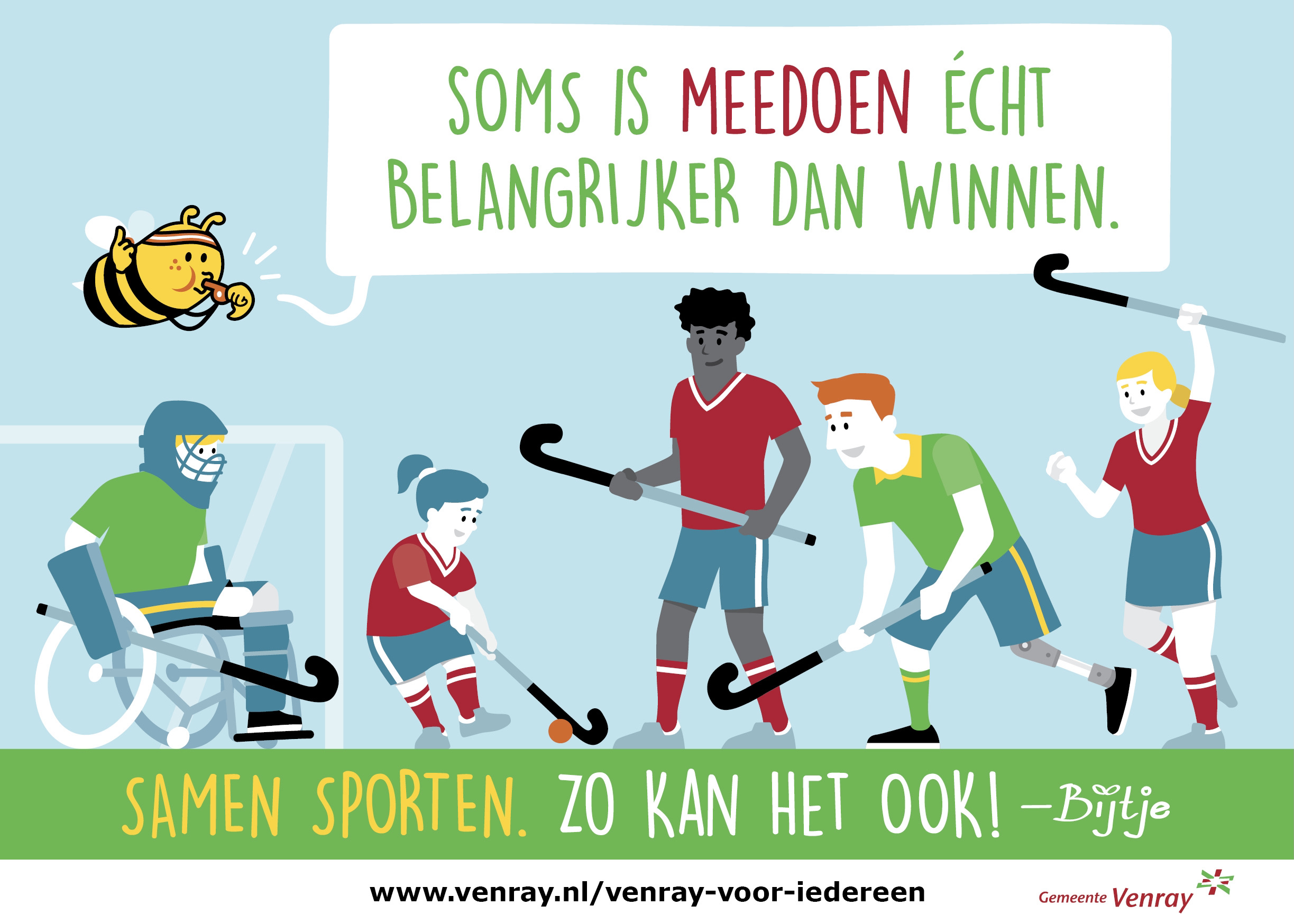 Een Bijtje tekening met een hockeywedstrijd waar jongens en meiden met en zonder beperking in meespelen.