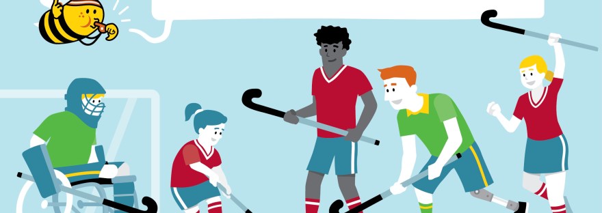 Een Bijtje tekening met een hockeywedstrijd waar jongens en meiden met en zonder beperking in meespelen.