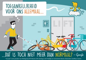 Een Guusje striptekening van een blinde man die op de stoep geparkeerde fietsen niet kan zien.