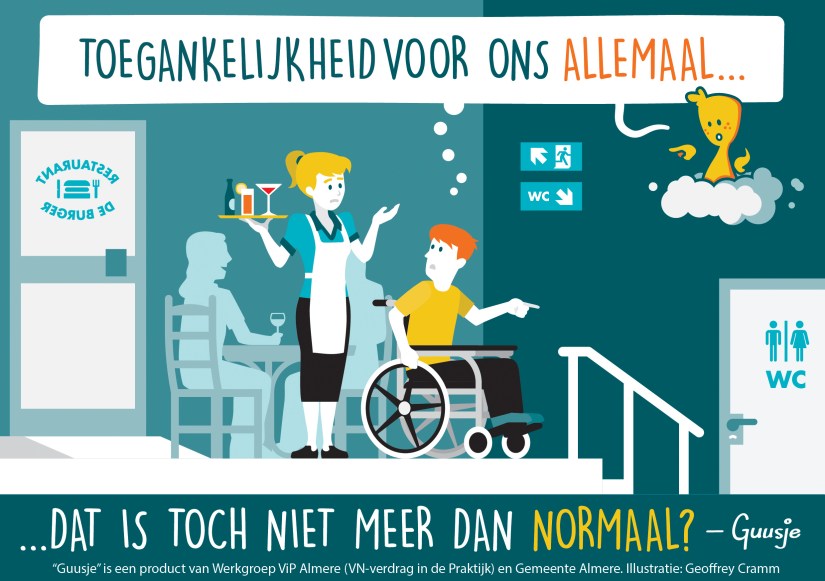 Een Guusje striptekening van een man in een rolstoel die een trap af moet in een restaurant.