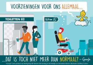 Een Guusje striptekening van een Damen in een elektrische rolstoel die geen invalidentoilet in de buurt kan vinden.