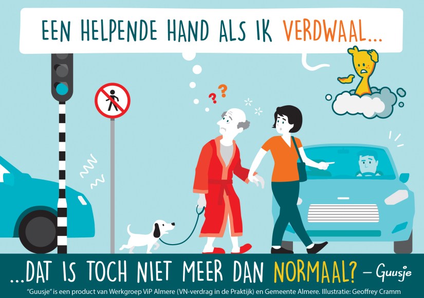 Een Guusje striptekening van een verwarde oude man die vriendelijk geholpen wordt.