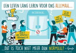 Een Guusje striptekening van mensen met een beperking die ook door willen leren.