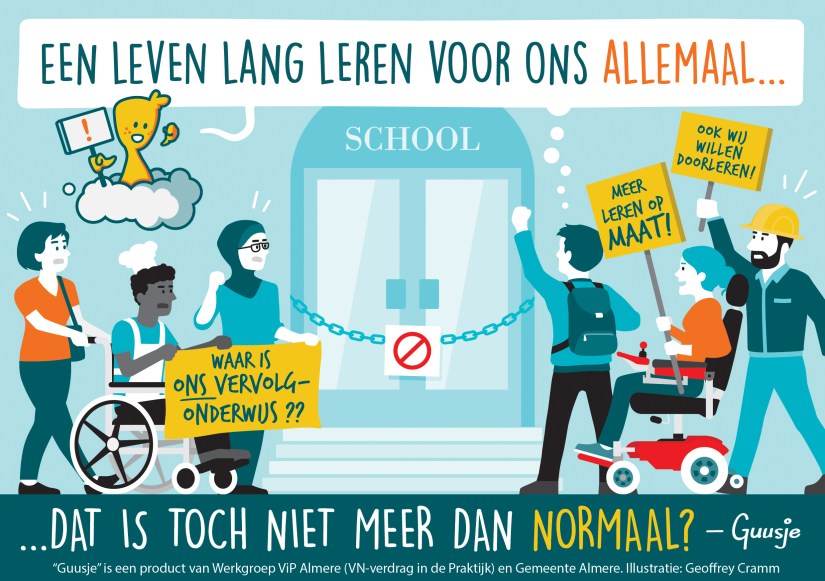 Een Guusje striptekening van mensen met een beperking die ook door willen leren.