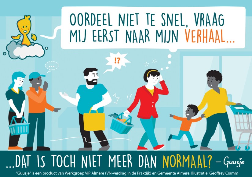 Een Guusje striptekening van mensen die te vroeg een oordeel vellen over iemand.