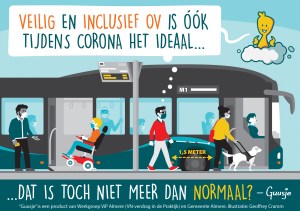 Een Guusje striptekening van een goed toegankelijke bus in coronatijd.