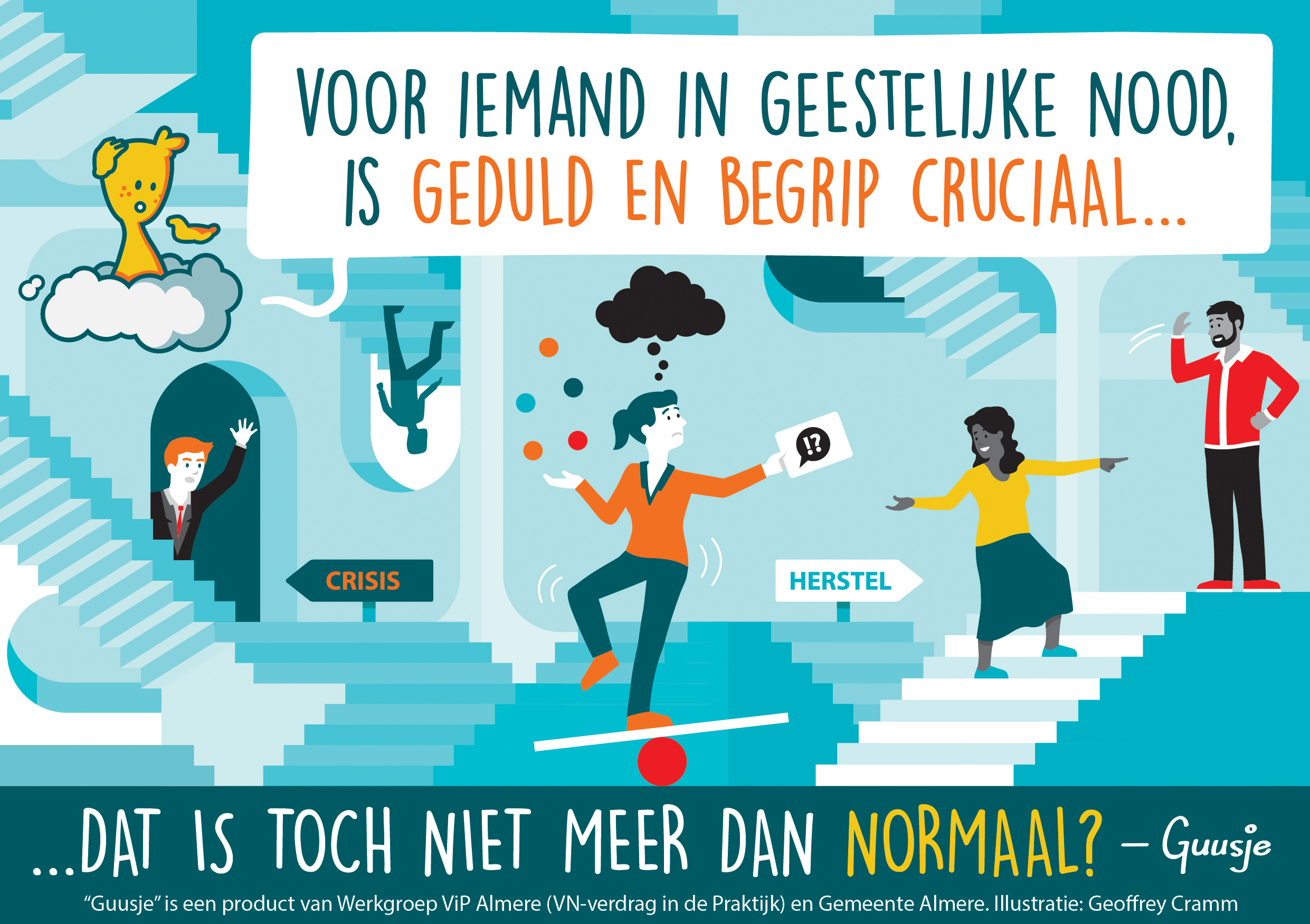 Een Guusje striptekening van iemand in geestelijke nood die hulp, begrip en geduld nodig heeft.