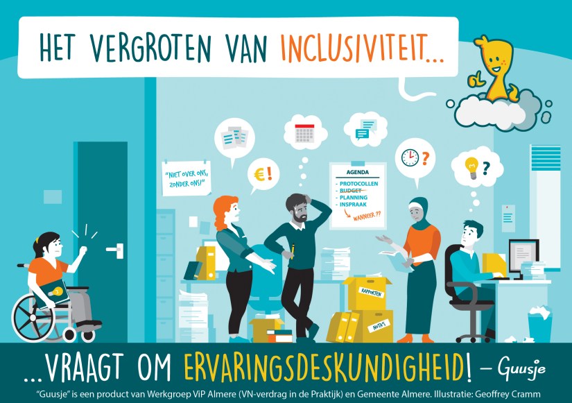 Een Guusje striptekening van ambtenaren die hulp nodig hebben van ervaringsdeskundigen.