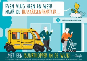 Een Guusje striptekening van de buurthopper die een oudere Damen naar het gezondheidscentrum brengt.