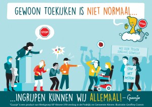 Een Guusje striptekening van mensen die ingrijpen bij pesten.