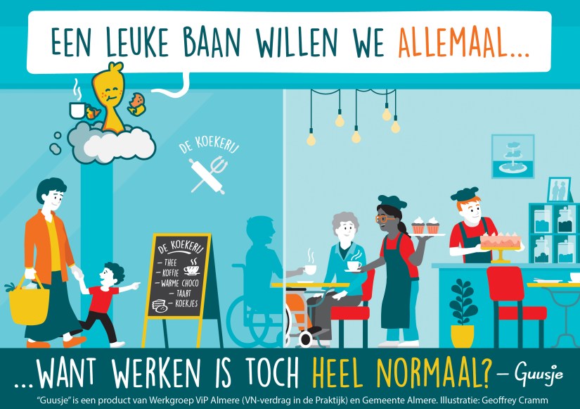 Een Guusje striptekening met mensen die leuk werken in een lunchroom.