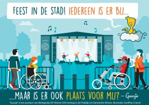 Een Guusje striptekening van een bezoekers met een beperking op een rolstoelplatform bij een muziekfestival