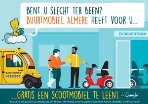 Een Guusje striptekening een mevrouw die slecht ter been is en een scootmobiel te leen krijgt