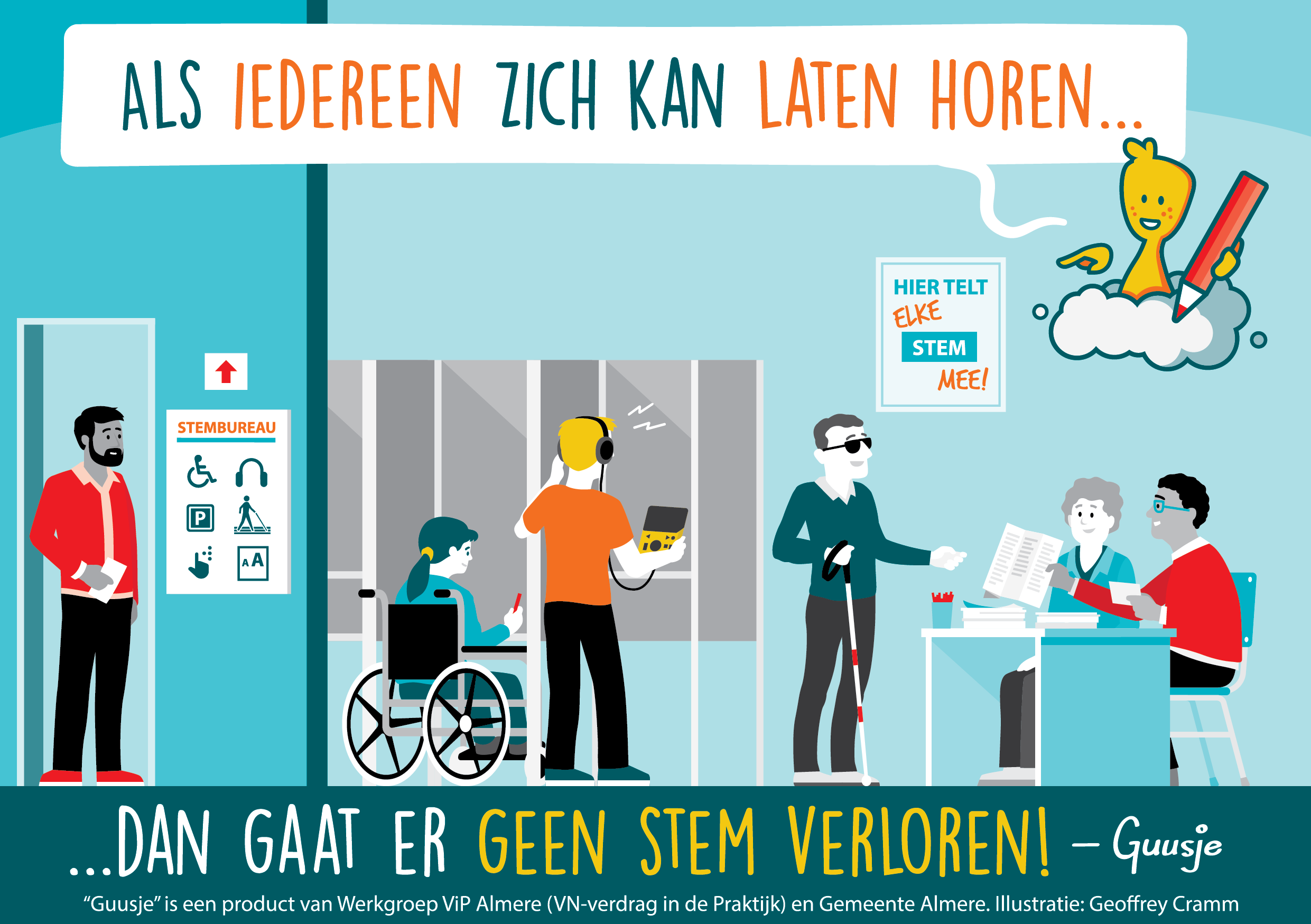 Een Guusje striptekening van een stemlokaal met voorzieningen voor mensen met een beperking
