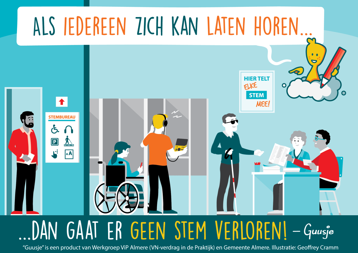 Een Guusje striptekening van een stemlokaal met voorzieningen voor mensen met een beperking