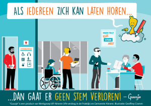 Een Guusje striptekening van een stemlokaal met voorzieningen voor mensen met een beperking