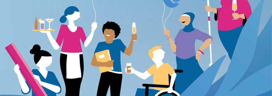 Tekening van een groep feestelijke mensen met en zonder beperking