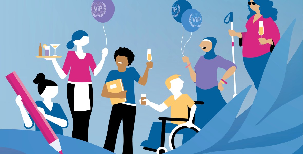 Tekening van een groep feestelijke mensen met en zonder beperking