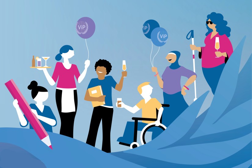 Tekening van een groep feestelijke mensen met en zonder beperking